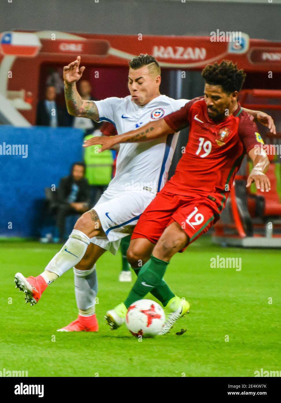 Kazan, Russia – June 28, 2017. Chile national football team striker Eduardo Vargas against Portugal winger Eliseu during FIFA Confederations Cup 2017 Stock Photo
