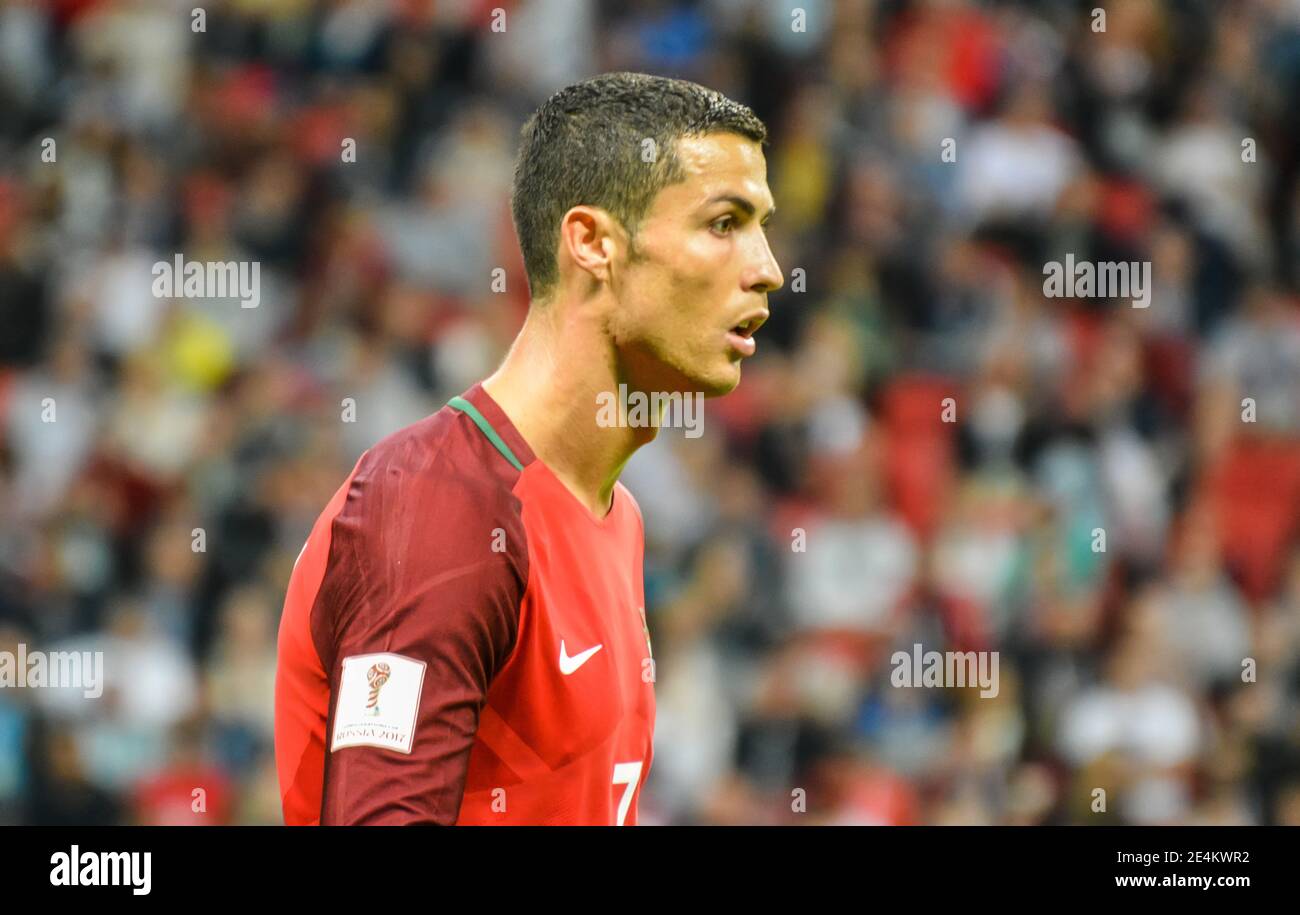 Kazan, Russia – June 28, 2017. Portugal national football team captain Cristiano Ronaldo during FIFA Confederations Cup 2017 semi-final Portugal vs Ch Stock Photo