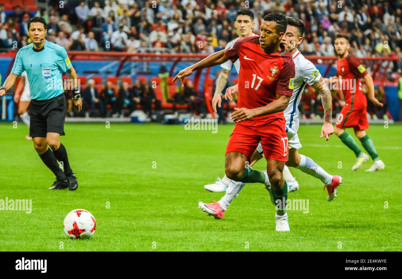 Kazan, Russia – June 28, 2017. Portugal national football team winger Nani in action during FIFA Confederations Cup 2017 semi-final Portugal vs Chile. Stock Photo