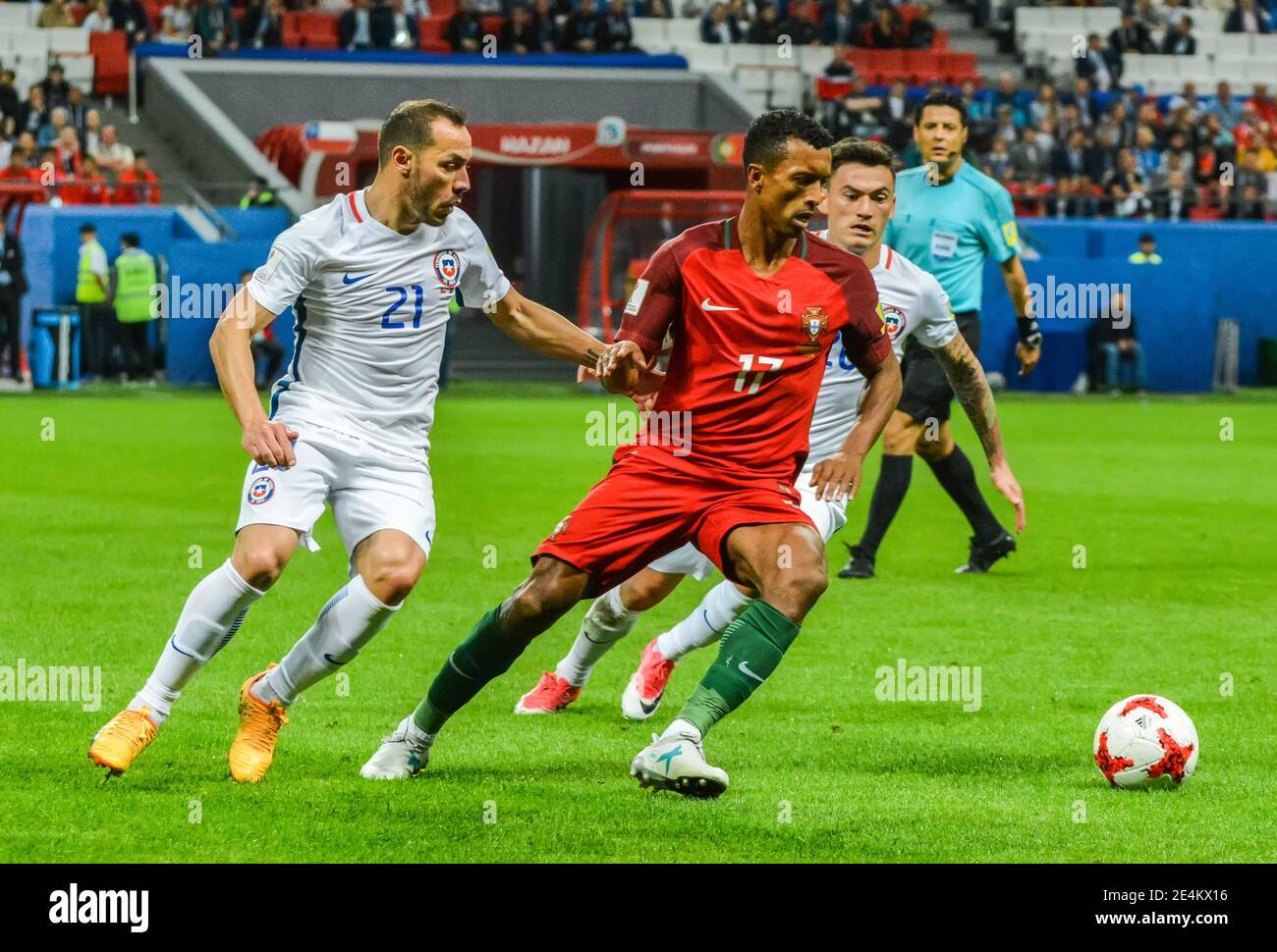 Kazan, Russia – June 28, 2017. Portugal national football team winger Nani against Chile players Marcelo Diaz and Charles Aranguiz during FIFA Confede Stock Photo