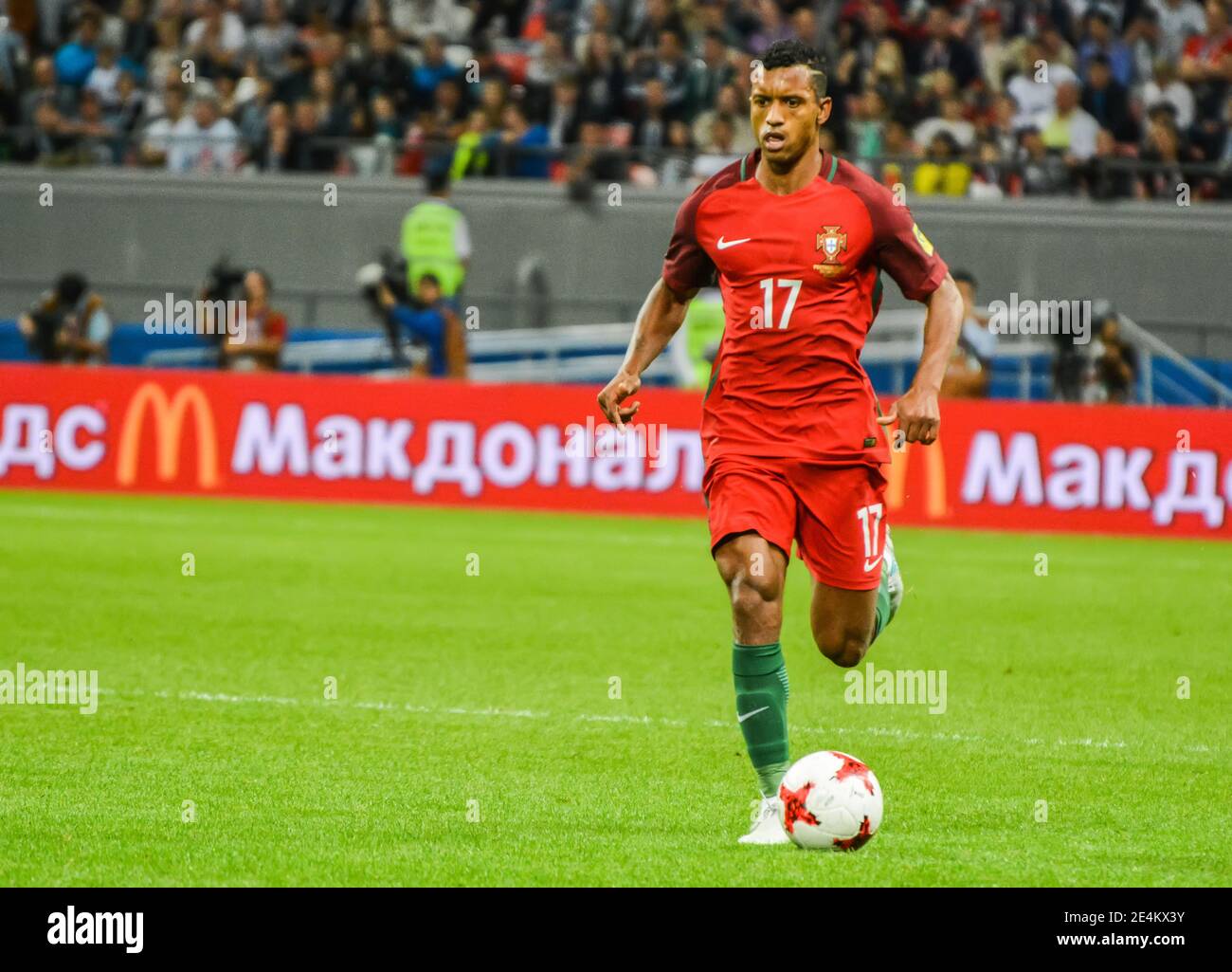 Kazan, Russia – June 28, 2017. Portugal national football team winger Nani in action during FIFA Confederations Cup 2017 semi-final Portugal vs Chile. Stock Photo