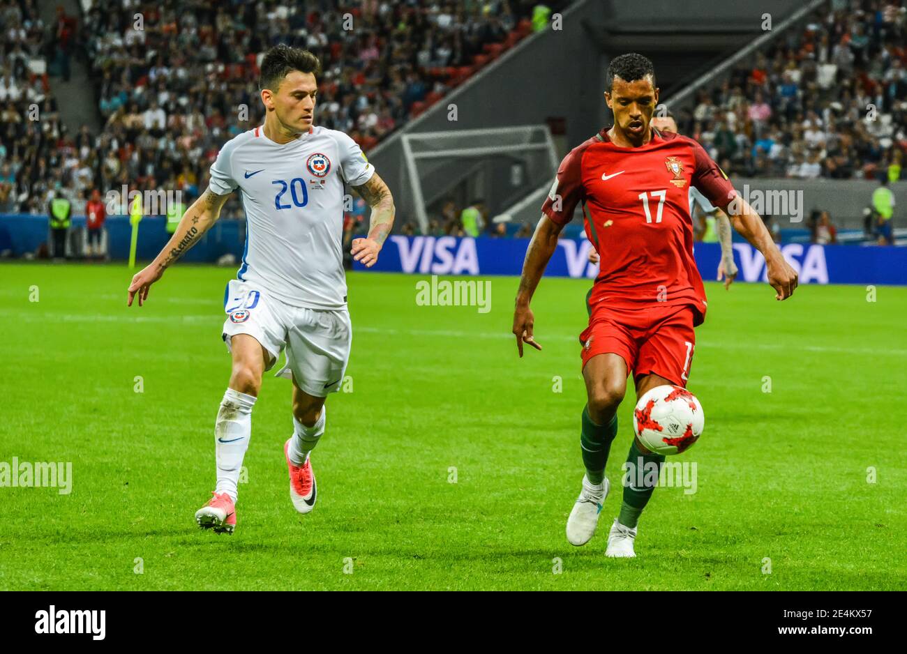 Kazan, Russia – June 28, 2017. Portugal national football team winger Nani against Chile midfielder Charles Aranguiz during FIFA Confederations Cup 20 Stock Photo