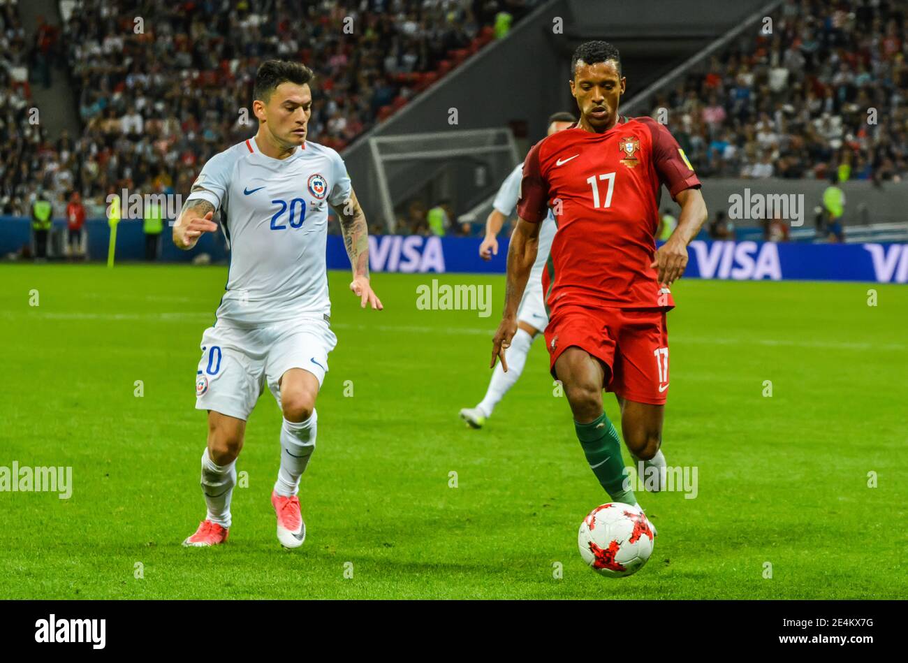 Kazan, Russia – June 28, 2017. Portugal national football team winger Nani against Chile midfielder Charles Aranguiz during FIFA Confederations Cup 20 Stock Photo