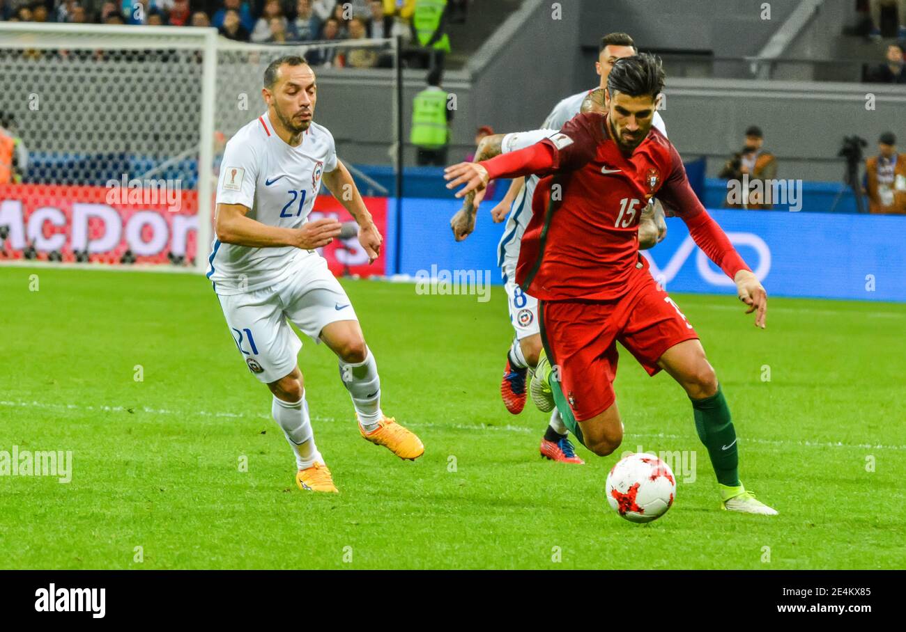 Kazan, Russia – June 28, 2017. Portugal national football team midfielder Andre Gomes against Chile midfielder Marcelo Diaz during FIFA Confederations Stock Photo