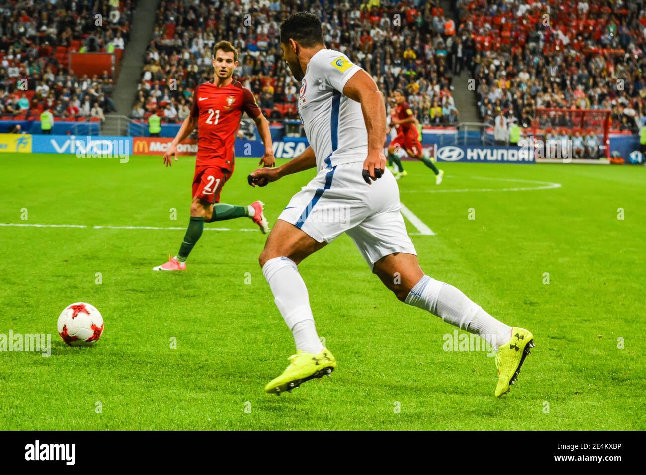 Kazan, Russia – June 28, 2017. Chile national football team wing-back Jean Beausejour performing a cross during FIFA Confederations Cup 2017 semi-fina Stock Photo
