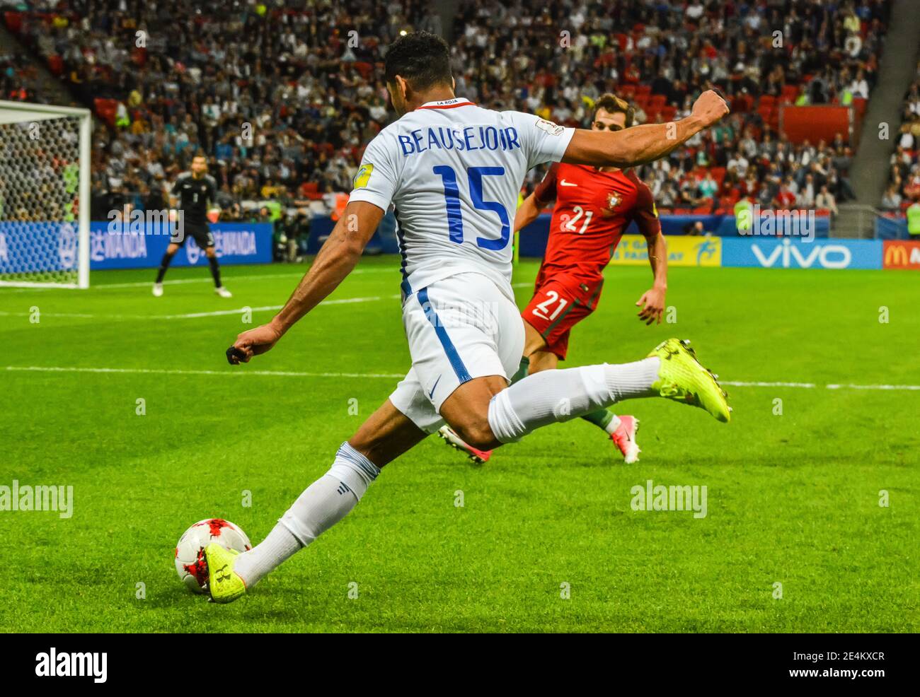Kazan, Russia – June 28, 2017. Chile national football team wing-back Jean Beausejour performing a cross during FIFA Confederations Cup 2017 semi-fina Stock Photo