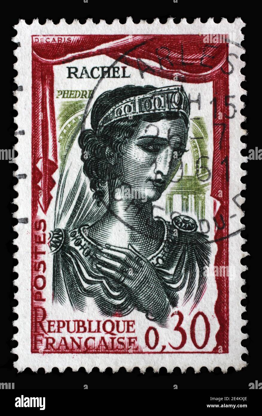 Stamp printed in the France shows Elisabeth Felix, better known as Mademoiselle Rachel (1821-1858), famous French actress, circa 1961 Stock Photo