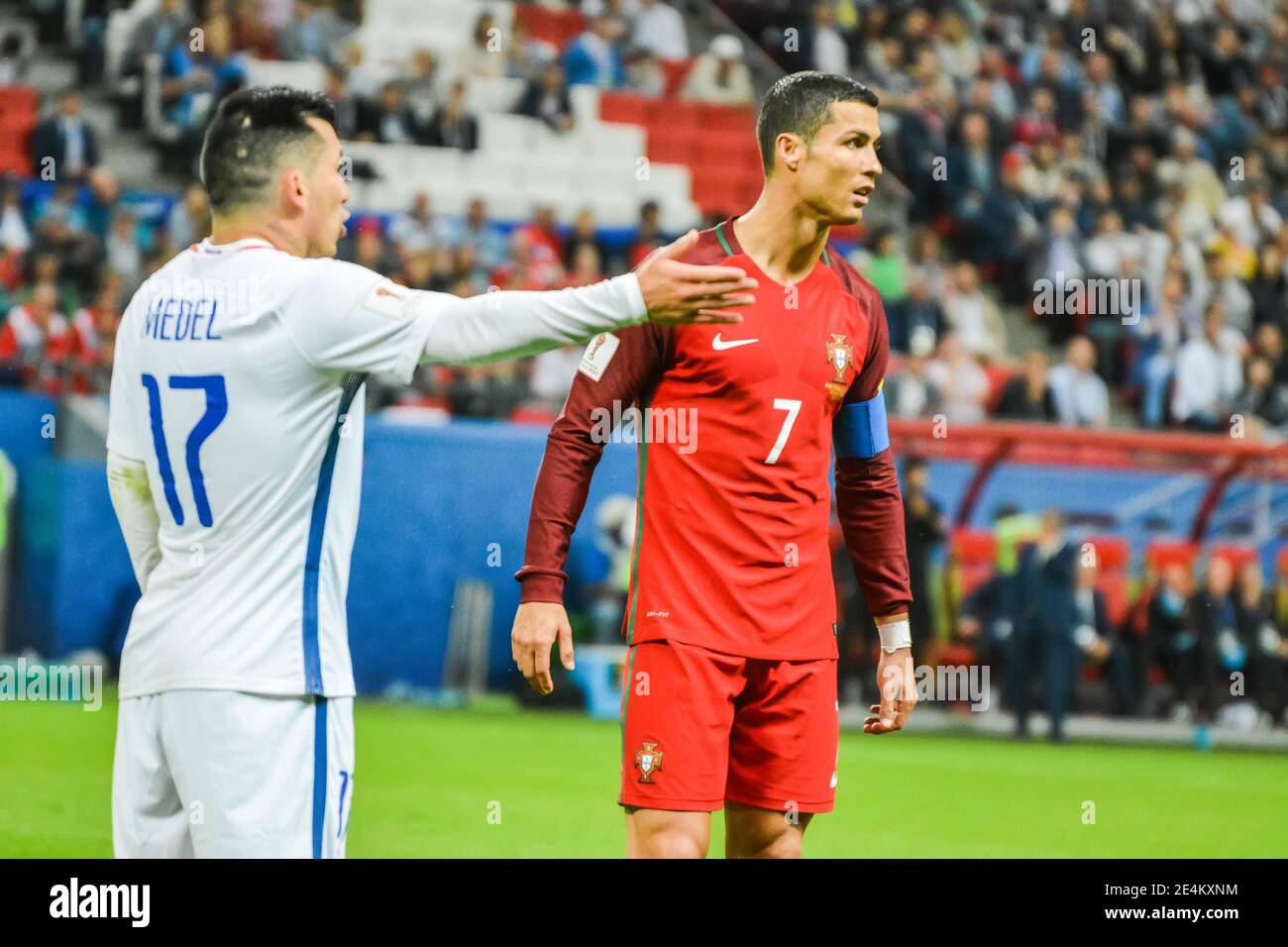 Kazan, Russia – June 28, 2017. Portugal national football team captain Cristiano Ronaldo and Chile midfielder Gary Medel during FIFA Confederations Cu Stock Photo