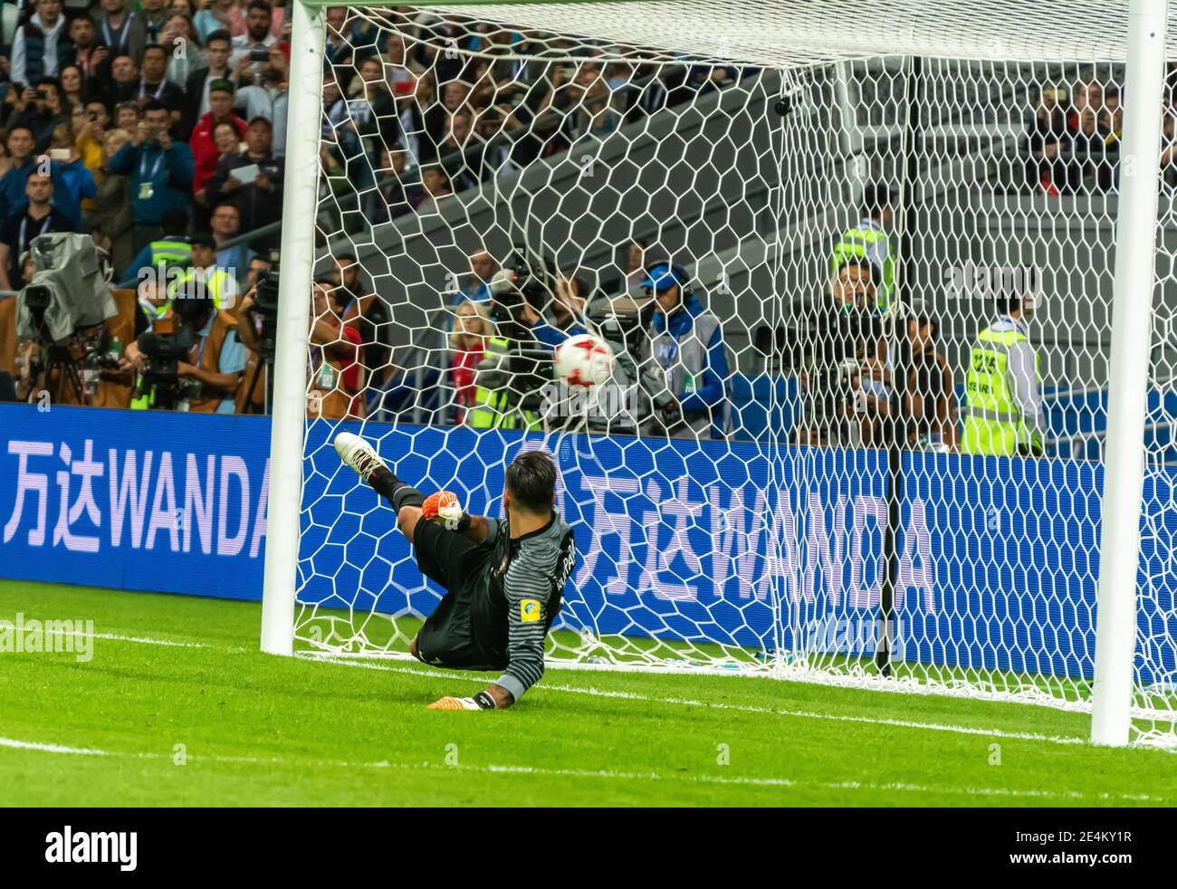 Kazan, Russia – June 28, 2017. Portugal national football team goalkeeper Rui Patricio conceding a goal during a penalty shoot-out in FIFA Confederati Stock Photo