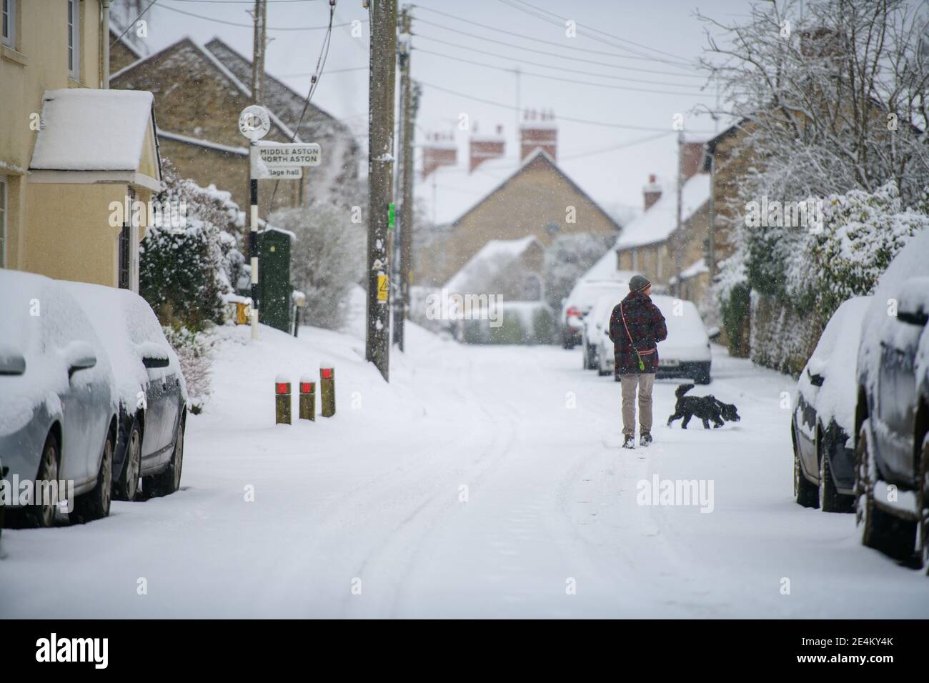 Snow blankets the Oxfordshire Village of Steeple Aston, bringing a different type of lockdown to the county Stock Photo
