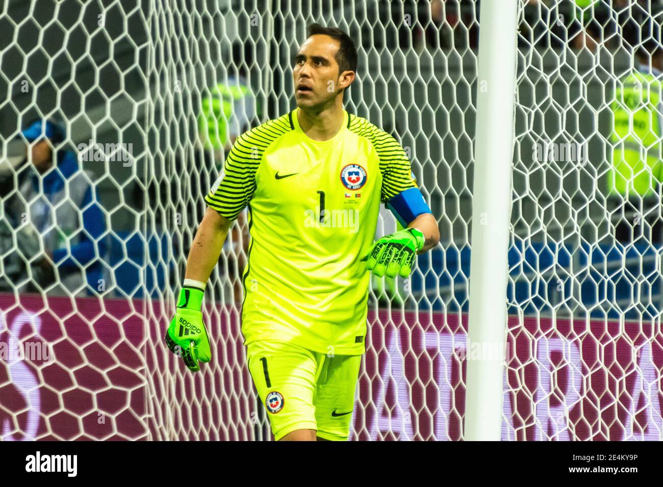 Kazan, Russia – June 28, 2017. Chilean goalkeeper Claudio Bravo moments after he denied second penalty during penalty shootout of FIFA Confederations Stock Photo