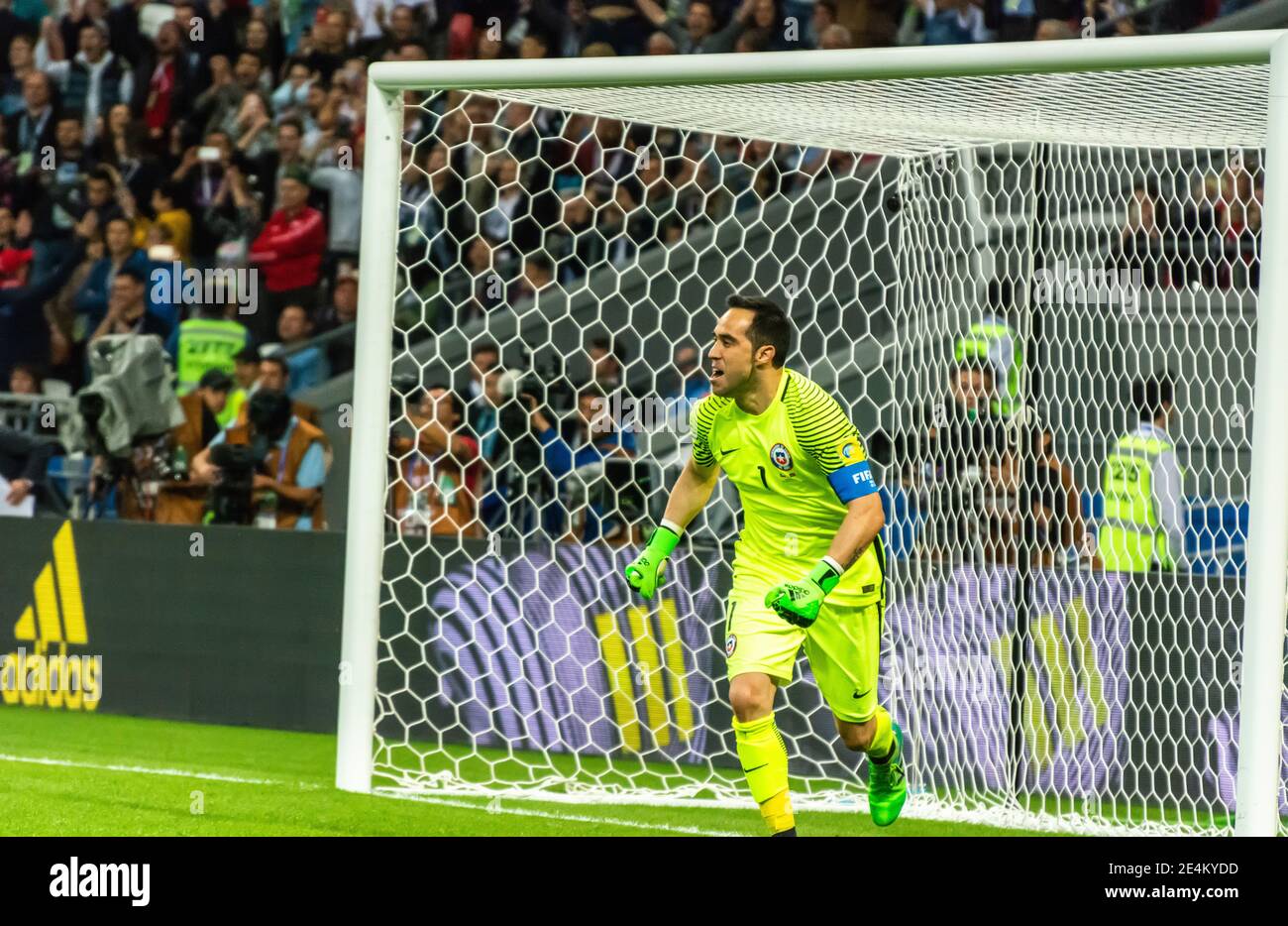 Kazan, Russia – June 28, 2017. Chilean goalkeeper Claudio Bravo moments after he denied first penalty during penalty shootout of FIFA Confederations C Stock Photo