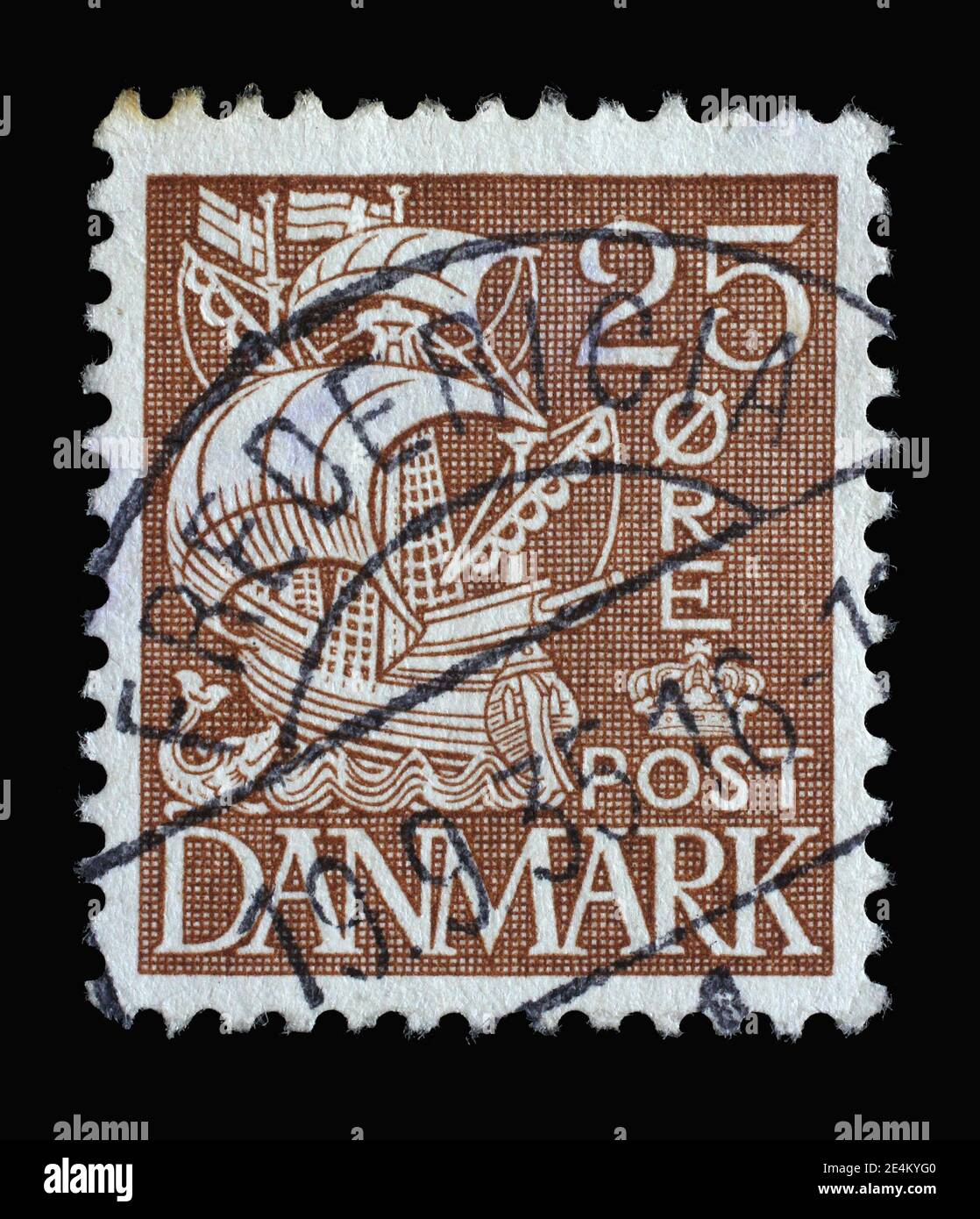 Stamp printed in Denmark shows Caravel Sailship, Series Customs Service - 350th Anniversary, circa 1934 Stock Photo