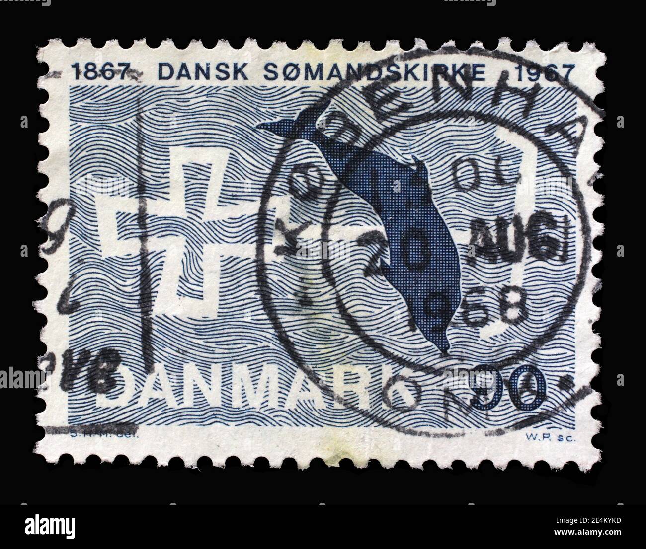 Stamp printed in Denmark shows 100th Anniversary of the Danish Seamen's Church, Cross Anchor and jumping Dolphin, circa 1967 Stock Photo
