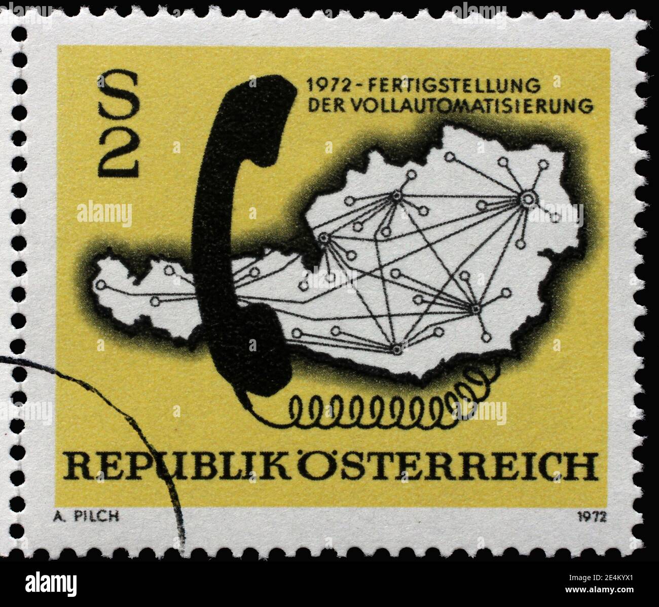 Stamp issued in Austria on the occasion of Finishing of the Automated Telephone Network, circa 1972. Stock Photo