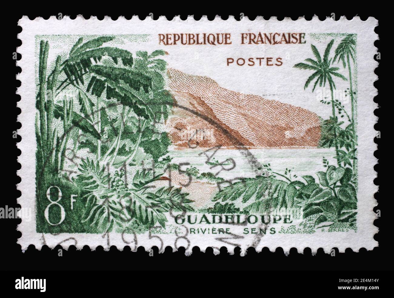Stamp printed in the France shows Guadeloupe (River Sens), Tourism series, circa 1957 Stock Photo