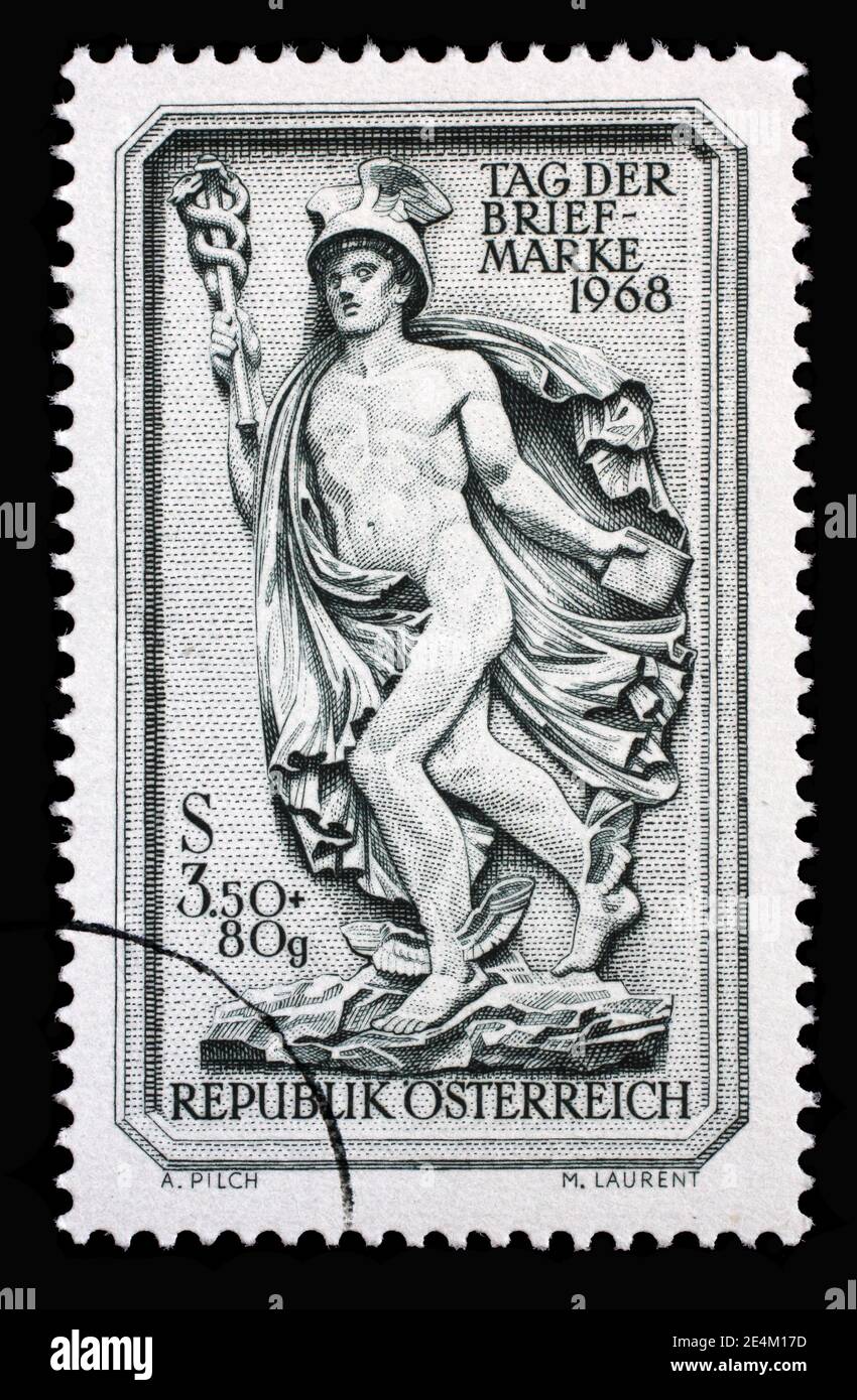 Stamp printed in Austria shows facade relief 'Messenger of the Gods', Purkersdorf Vienna, circa 1968. Stock Photo