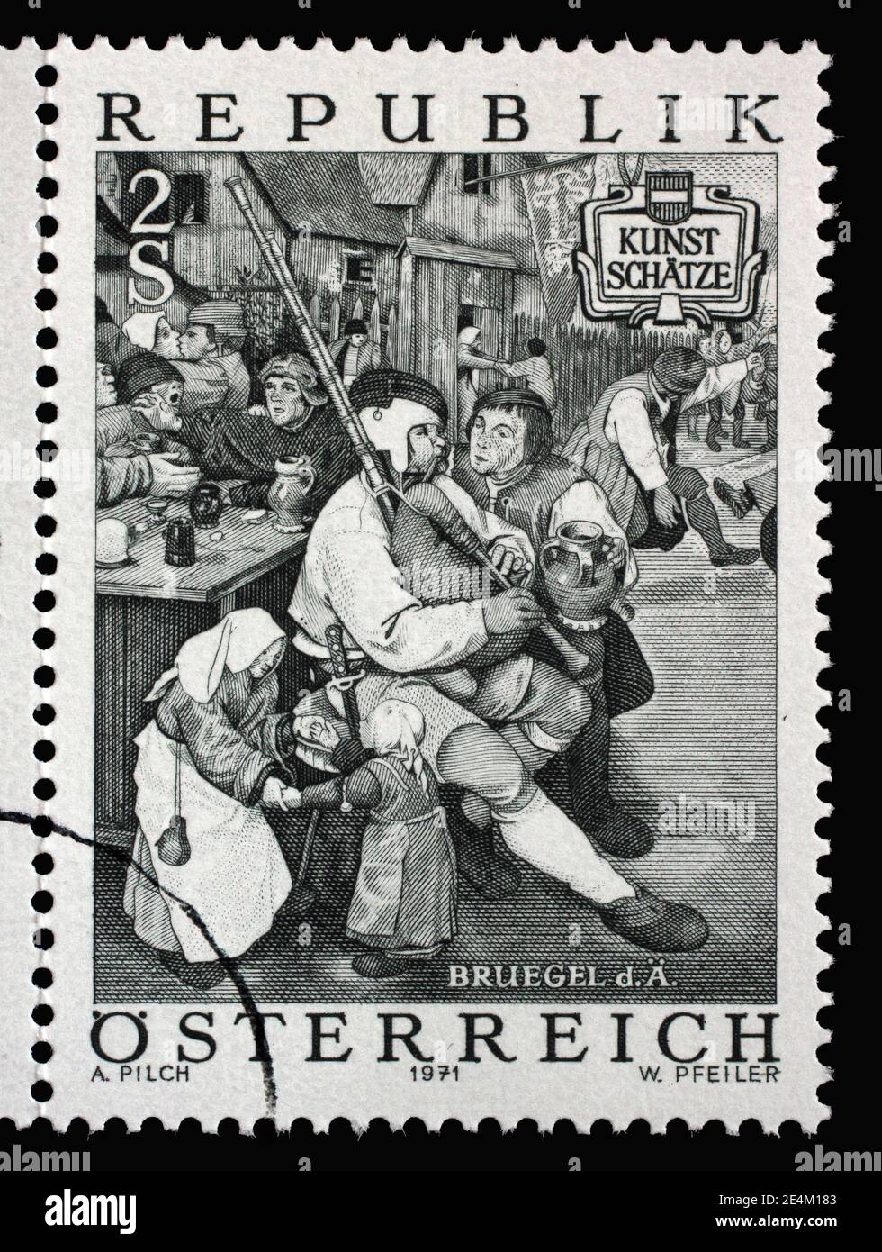 Stamp issued in Austria shows Farmers Dance by Pieter Breugel the Elder (c. 1525-1569), circa 1971. Stock Photo