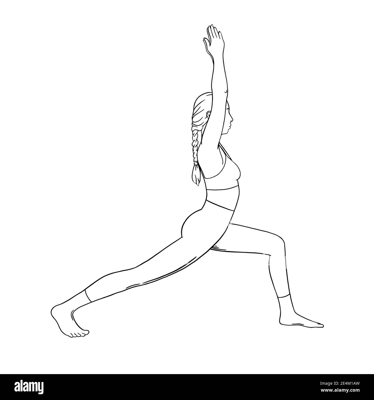 Yoga warrior pose or virabhadrasana II. Woman yoga workout for slim body. Hand drawn sketch vector illustration isolated on white background Stock Vector