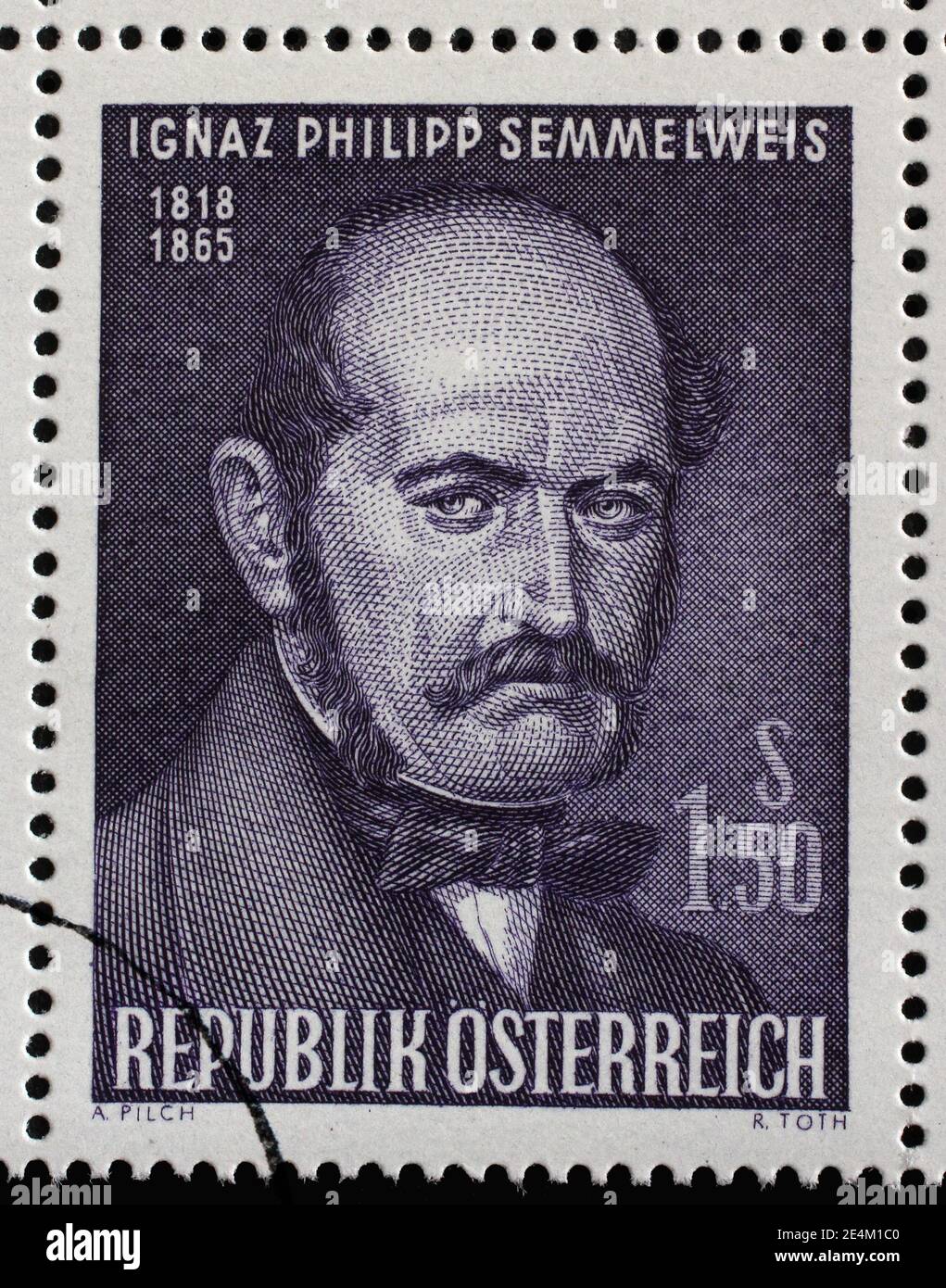 Stamp issued in Austria shows Ignaz Philipp Semmelweis - Hungarian physician, now known as an early pioneer of antiseptic procedures, circa 1965 Stock Photo