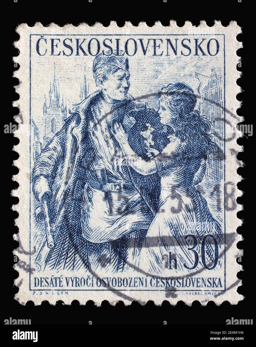 Stamp Printed In Czechoslovakia Shows Woman Decorating Soviet Soldier Liberation Of 