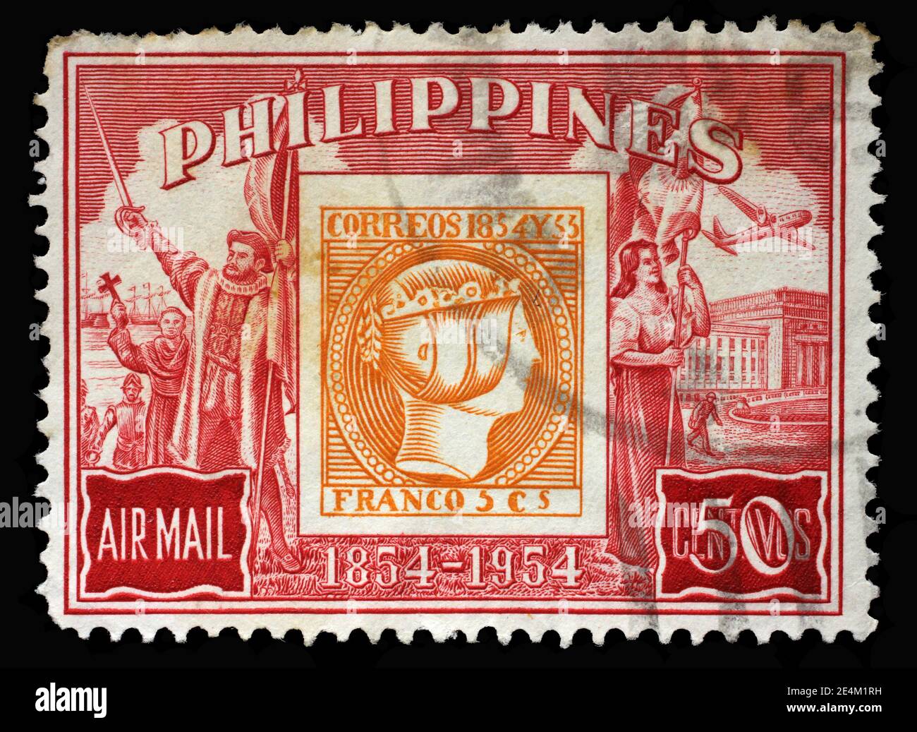 Stamp printed in Philippines issued on the occasion of the 100th Anniversary of Philippine Stamp, circa 1954 Stock Photo