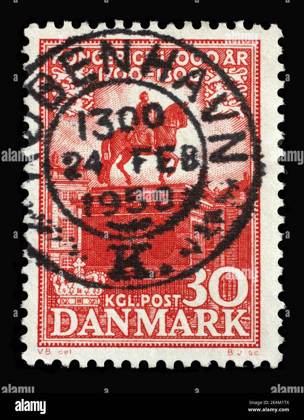 Stamp printed in Denmark shows statue of King Frederik V in front of Amalienborg Palace, Series 1000 years of Danish Kingdom, circa 1955 Stock Photo