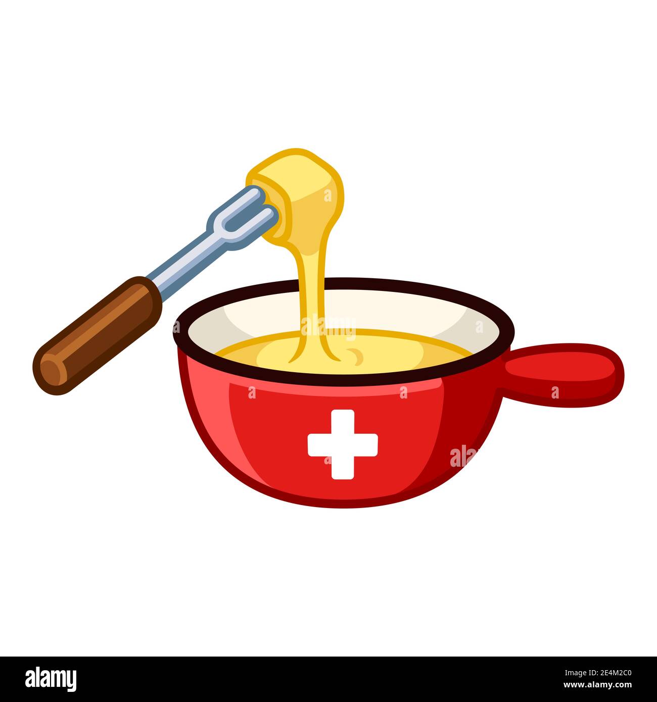 Swiss cheese fondue with flag of Switzerland on cast iron pot, dipping food in melted cheese. Cartoon vector clip art illustration. Stock Vector