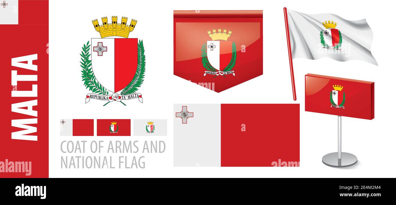 Vector set of the coat of arms and national flag of Malta Stock Vector