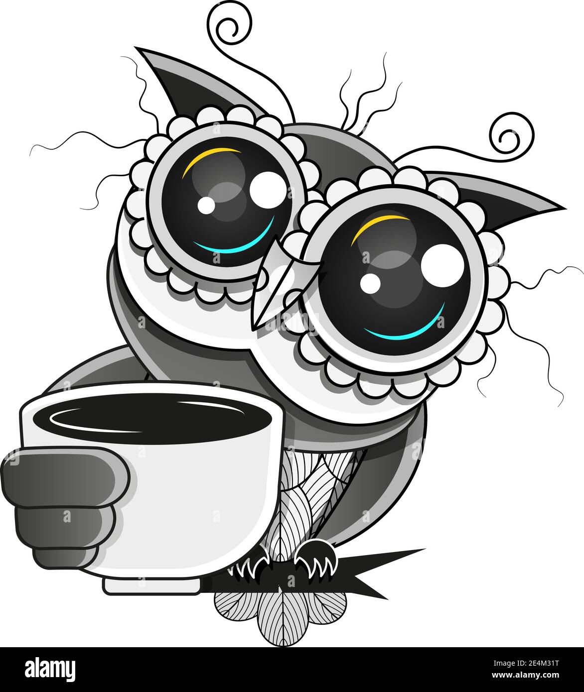 Hand drawn typography coffee poster. Cute trendy owl with cup of hot coffee. Greeting card or print invitation with phrase. But first coffee. Emblem Stock Vector