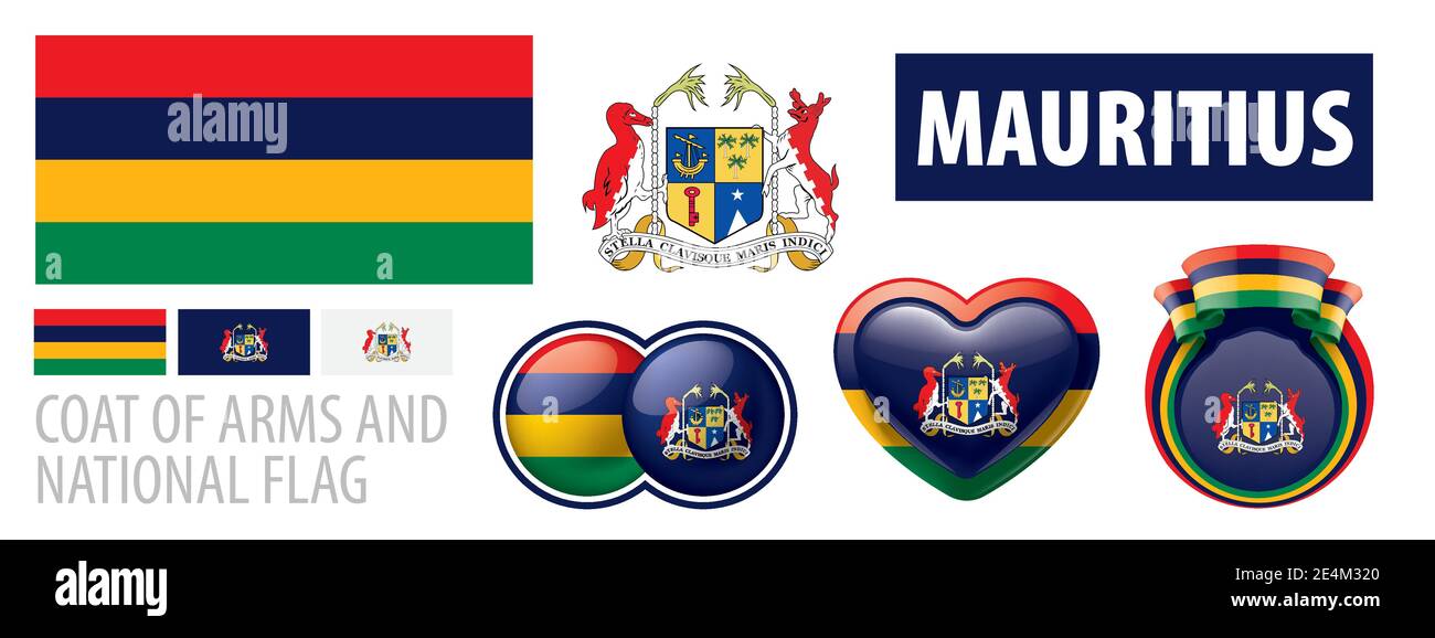 Vector set of the coat of arms and national flag of Mauritius Stock