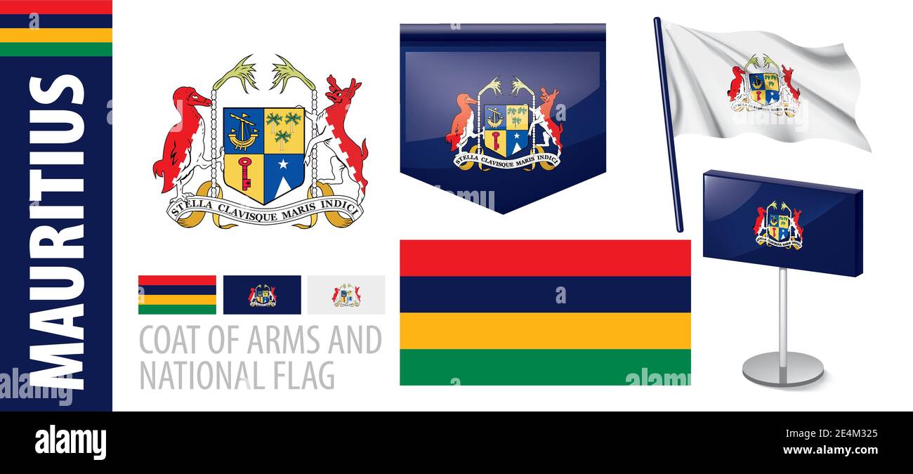 Vector set of the coat of arms and national flag of Mauritius Stock