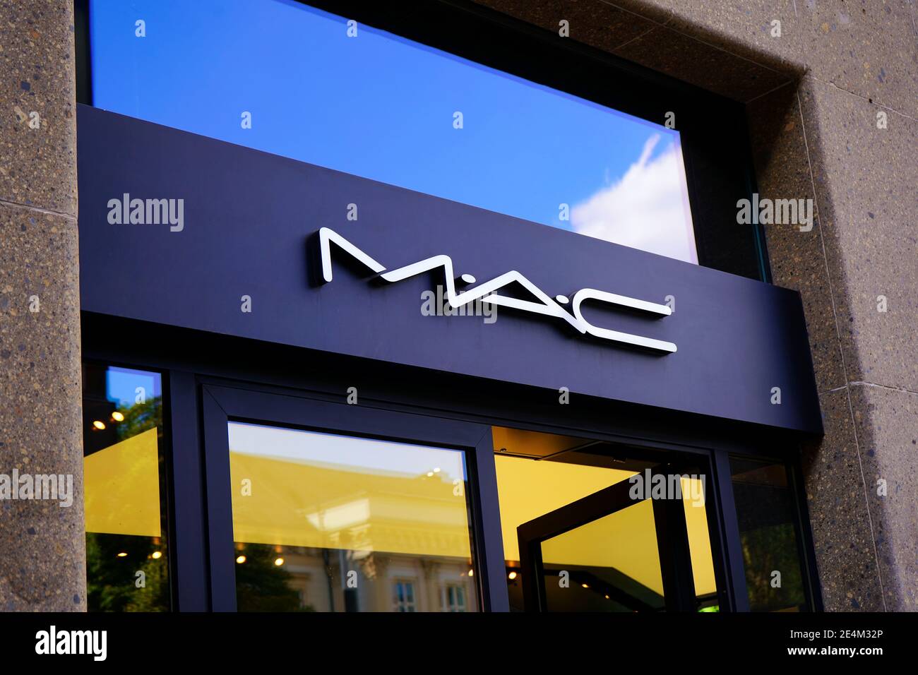 Exterior logo of a Canadian MAC cosmetics (M•A•C) store in downtown Düsseldorf. MAC is an acronym for 'Make-up Art Cosmetics'. Stock Photo