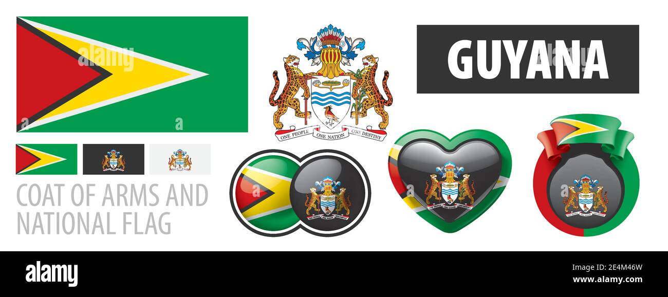 Vector set of the coat of arms and national flag of Guyana Stock Vector