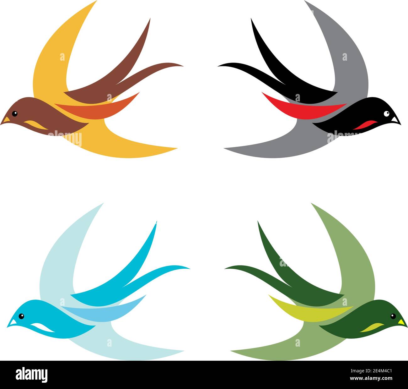 Four colorful birds in flight on white background - vector. Easy editable layered vector illustration. Wild Animals.  Birds Icons. Stock Vector