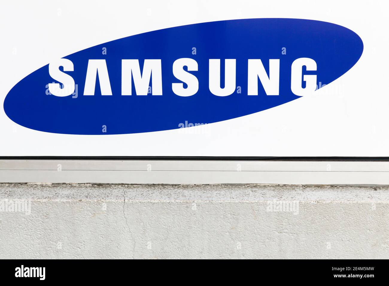 Villefranche, France - March 13, 2017: Samsung logo on a wall. Samsung is a South Korean multinational conglomerate company Stock Photo
