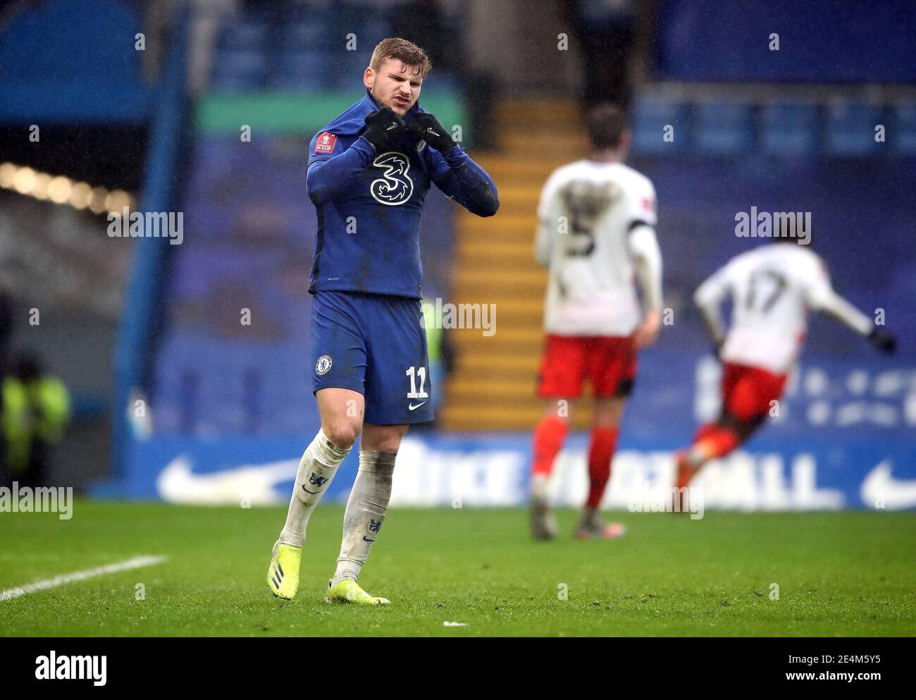 Chelsea's Timo Werner reacts after missing a penalty kick during the Emirates FA Cup fourth round match at Stamford Bridge, London. Picture date: Sunday January 24, 2021. Stock Photo