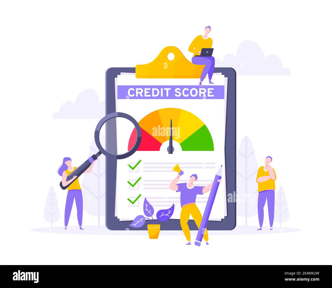 Credit score report with arrow gauge speedometer indicator with color levels on giant clipboard. Measurement from poor to excellent rating with tiny p Stock Vector