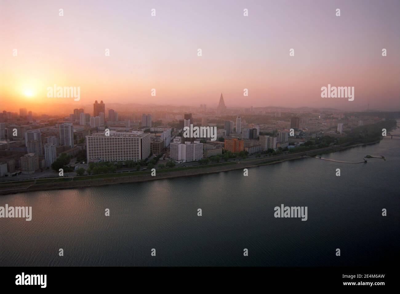 Sunset over Pyongyang and the Taedong River, North Korea Stock Photo