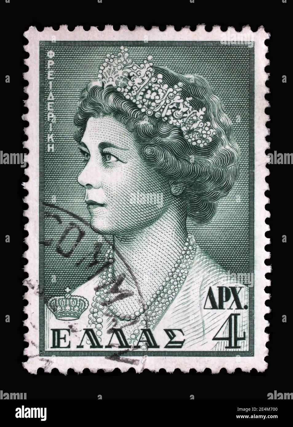 Stamp printed in Greece shows Frederica of Hanover, Queen of Greece from 1947 until 1964 as the wife of King Paul, circa 1956 Stock Photo