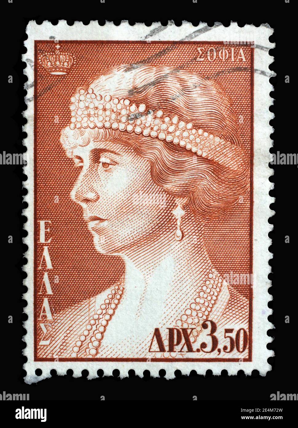 Stamp printed in Greece shows Sophia of Greece and Denmark who served as Queen consort of Spain during the reign of king Juan Carlos I, circa 1956 Stock Photo