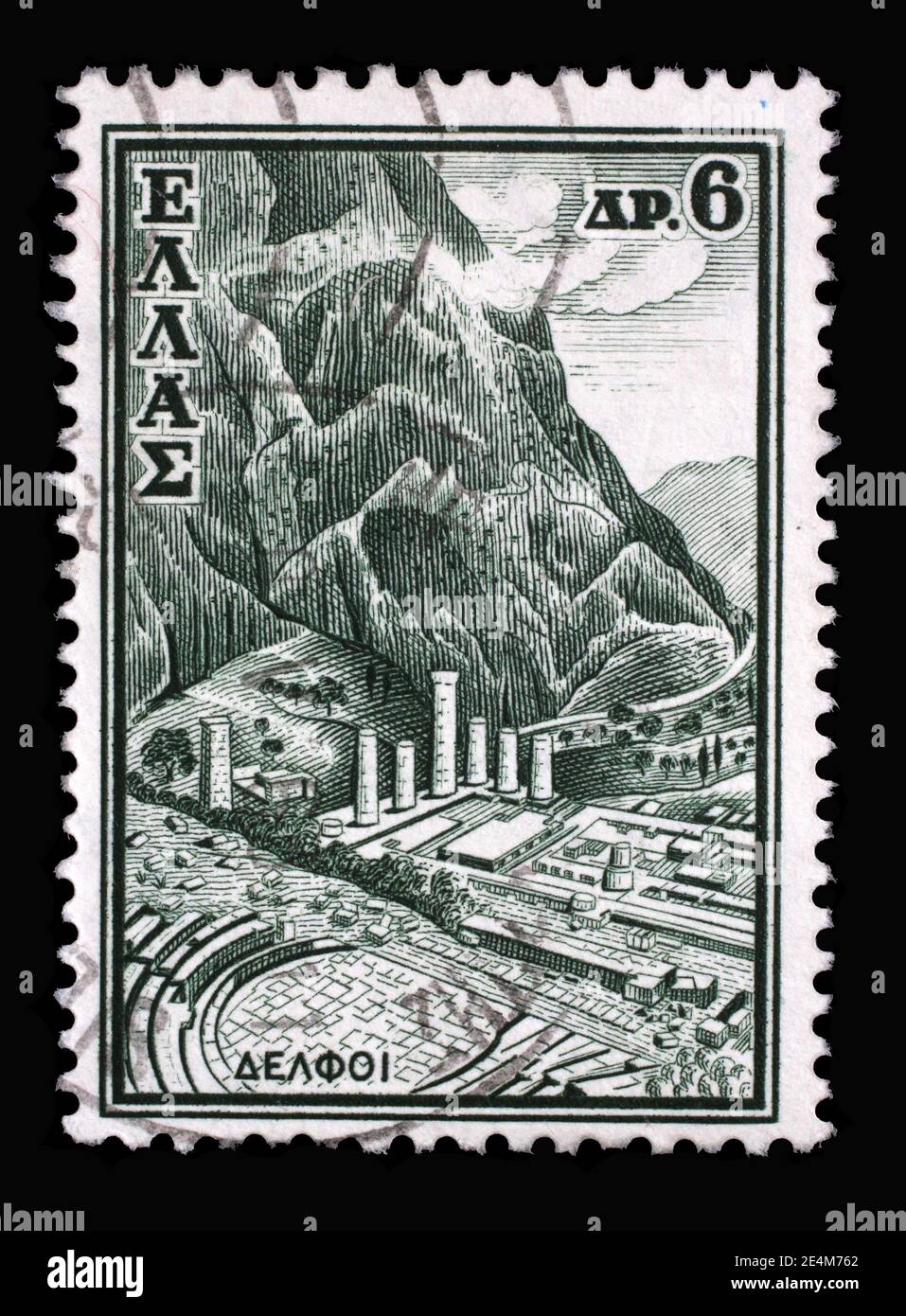 Stamp printed in Greece shows Temple of Apollo, Delphi, circa 1961 Stock Photo