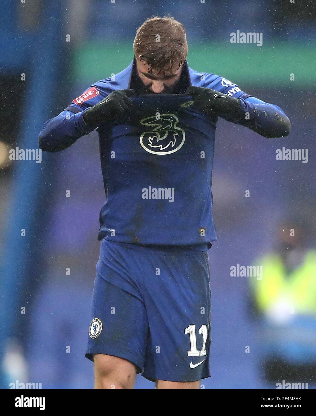 Chelsea's Timo Werner reacts after missing a penalty kick during the Emirates FA Cup fourth round match at Stamford Bridge, London. Picture date: Sunday January 24, 2021. Stock Photo