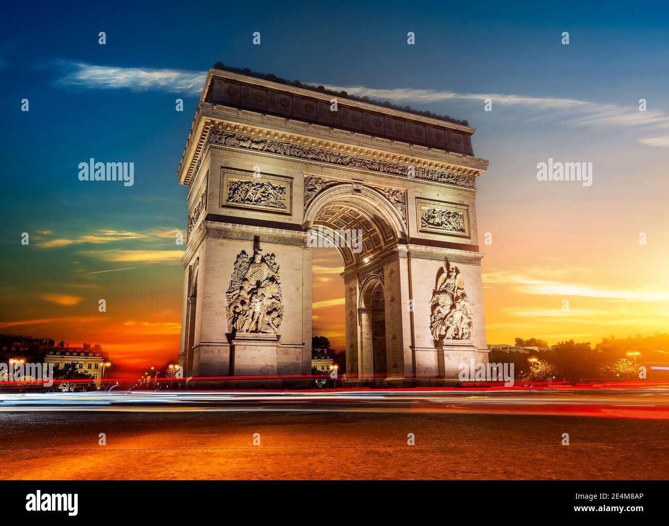 Arch of Triumph in Paris at sunny sunrise, long exposure Stock Photo