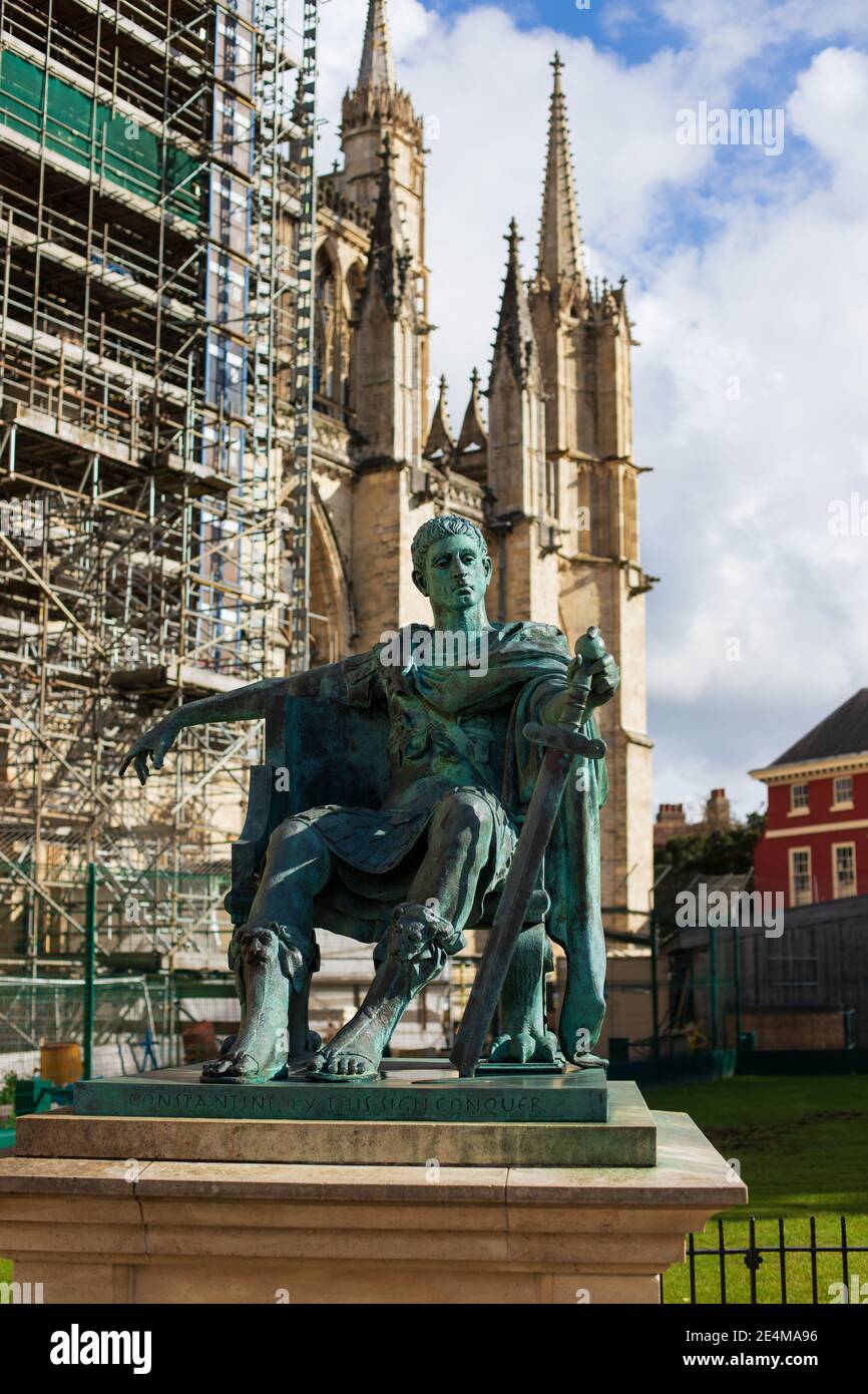 The statue of Emperor Constantine sitting outside York Minster in North