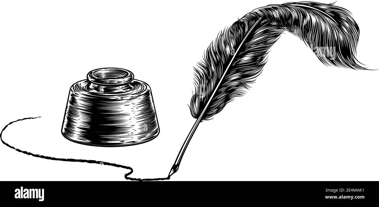 Writing Feather Quill Ink Pen and Inkwell Stock Vector