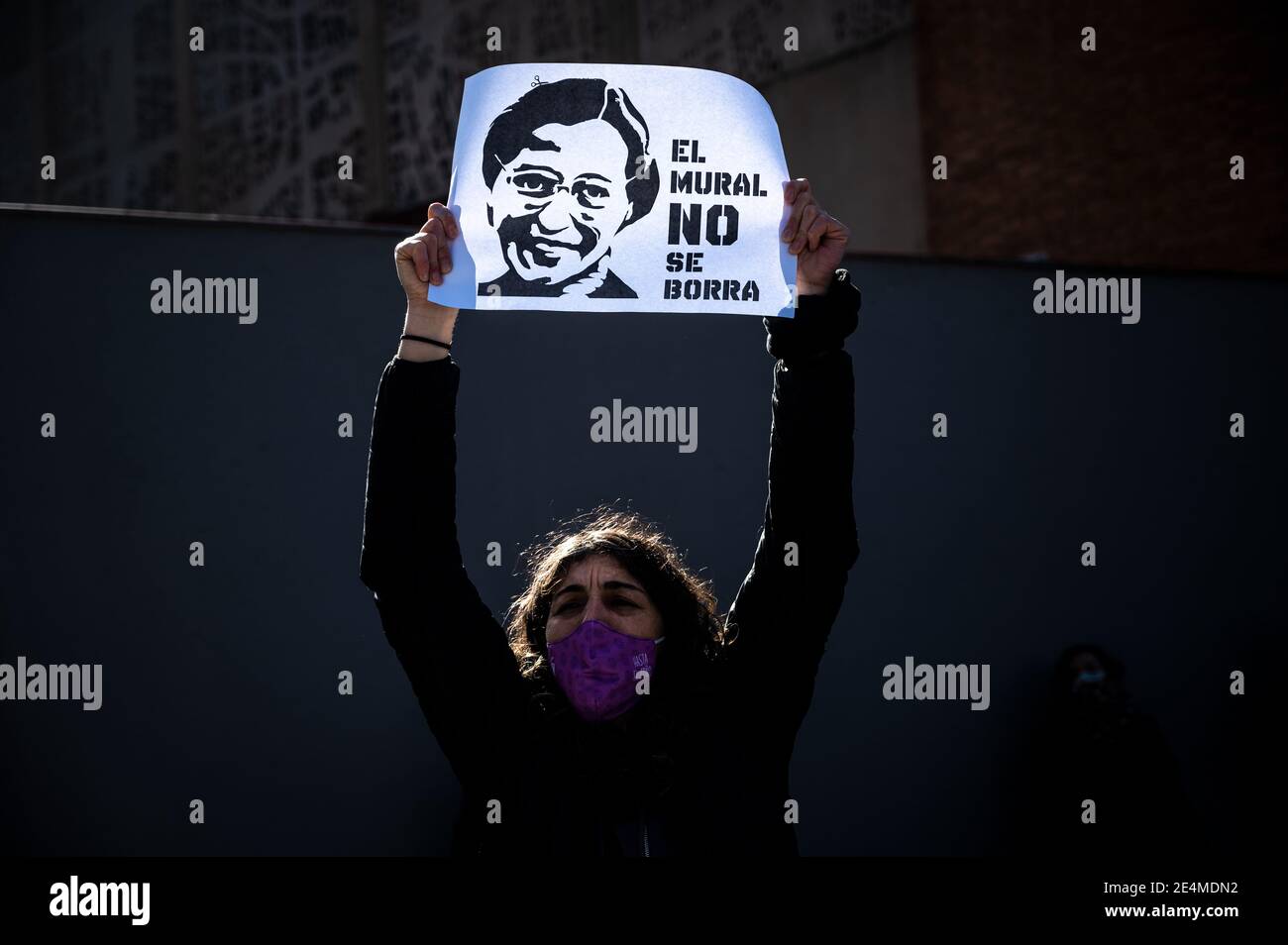 A woman holds a placard with the picture of Rosa Parks and the words 'the mural should not be erased', during a protest against the removal proposed by far-right party VOX of a feminist mural named 'Union makes force'. In the mural appear the faces of 15 women who are part of history for their fight in favor of equality: Angela Davis, Frida Kahlo, Nina Simone, Rigoberta Menchu, Lucia Sanchez Saornil, Rosa Arauzo, Valentina Tereshkova, Chimamanda Ngozi, Emma Goldman, Kanno Sugato, Liudmila Pavlichenko, Billy Jean King, Gata Cattana, Rosa Parks, and Comandanta Ramona. Stock Photo