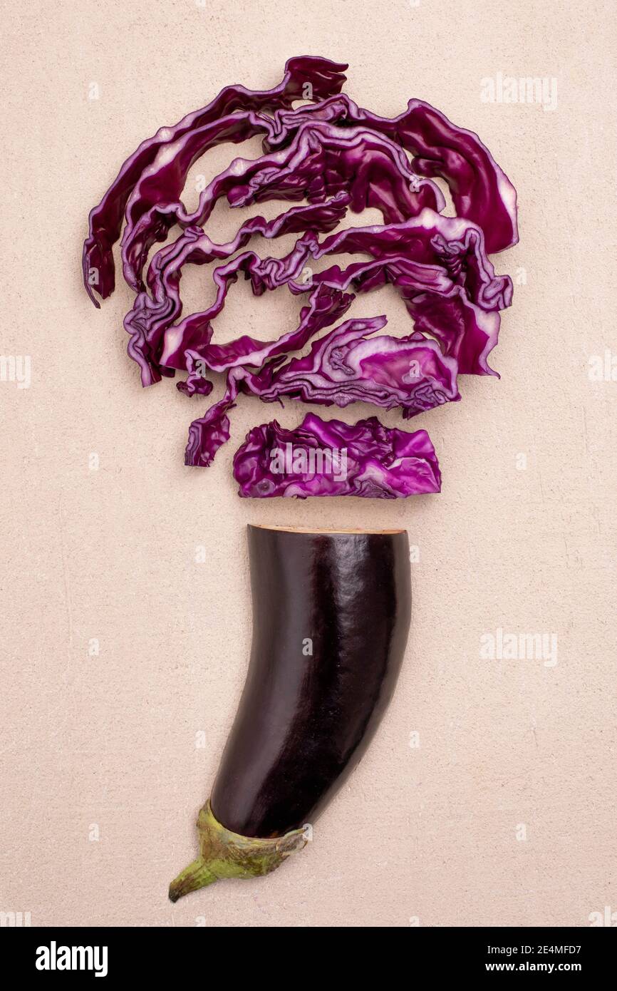Red cabbage cut with half egg plant concept salad purple Stock Photo