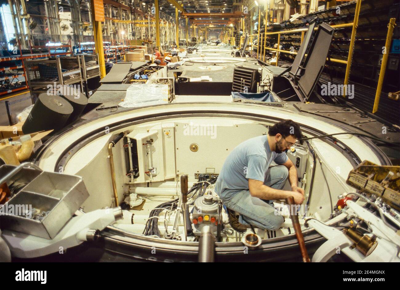 Warren, Michigan - Hull assembly line for the U.S. Army's M-1 tank at General Dynamics. Workers are members of the United Auto Workers union. Stock Photo