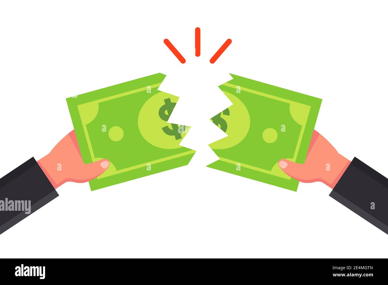 tear the bill into two parts. tear the money with your hands. flat vector illustration. Stock Vector